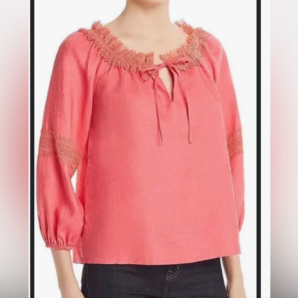 Le Gali Womens Lace-Trim Tie-Neck Top Pink | Size S